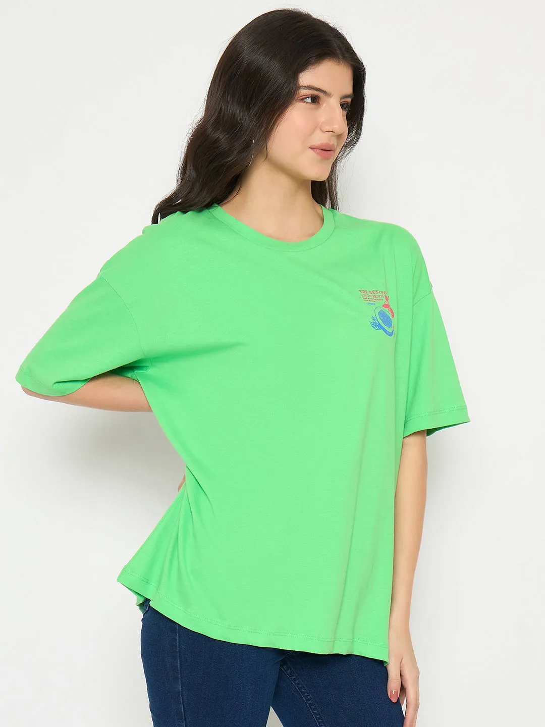 Madame Print Detailing Round Neck Green Cotton T-shirt Classic Layer Wear FadeResistant Coating