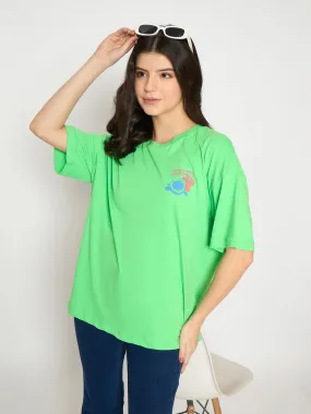 Madame Print Detailing Round Neck Green Cotton T-shirt Stretch Fit Design Durable Stitching