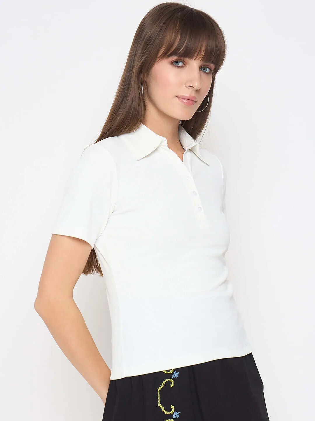 Flexible Fit Design Madame Pique Solid White Polo T-shirt