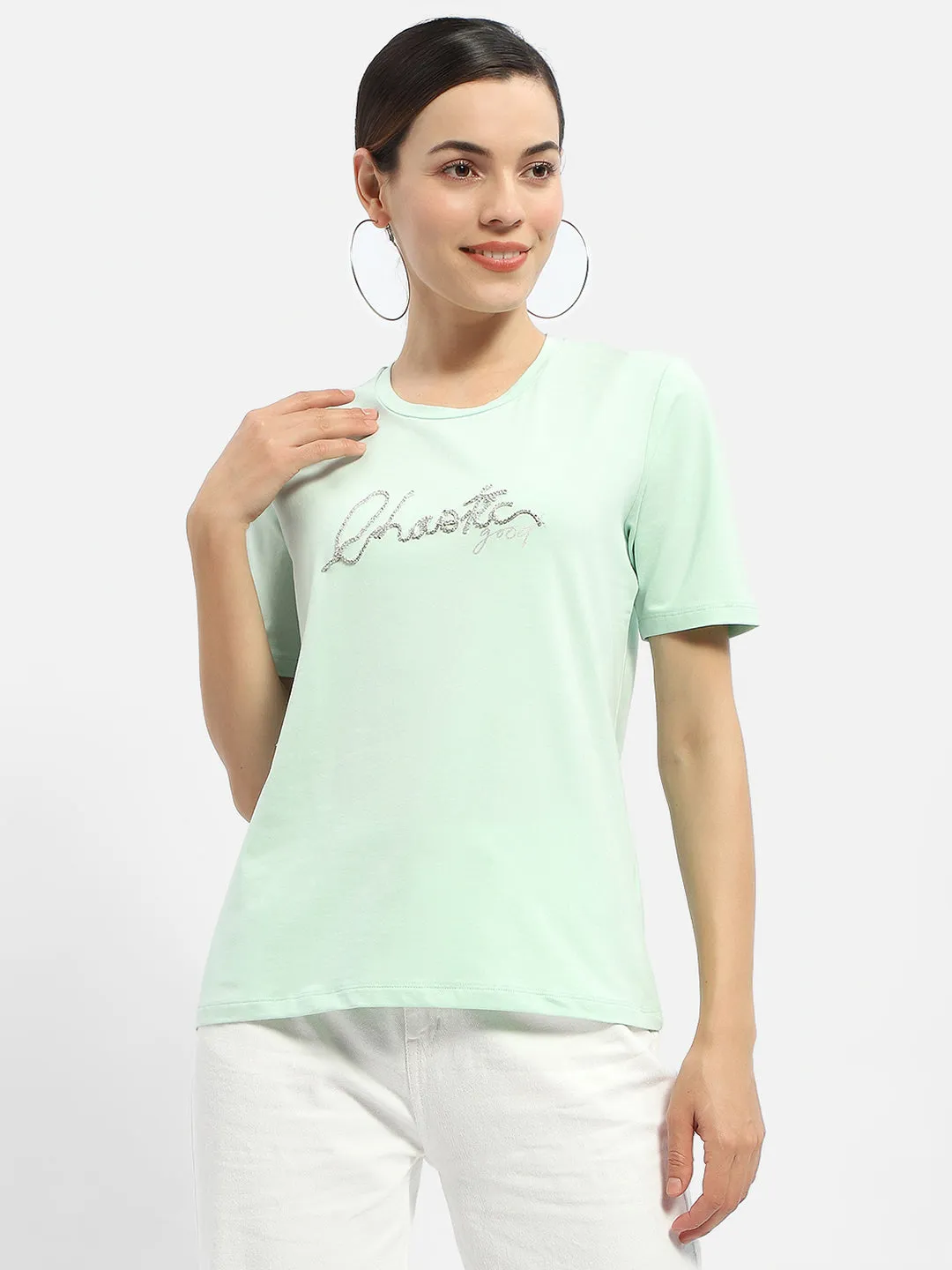 Eco Friendly Fabric Comfortable Layering Madame Typography Mint Crew Neck T-Shirt