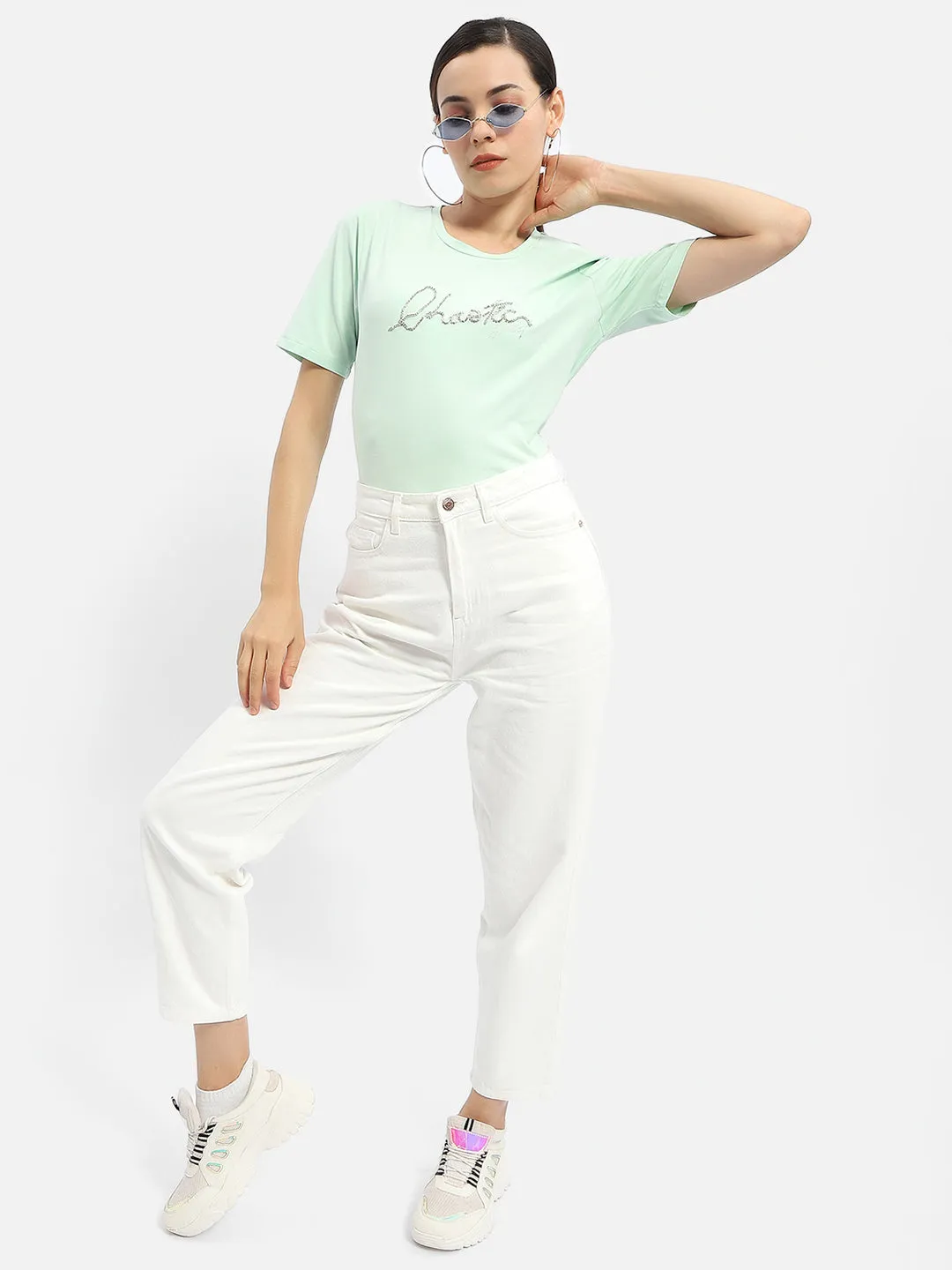 Madame Typography Mint Crew Neck T-Shirt Evergreen Effortless Layer