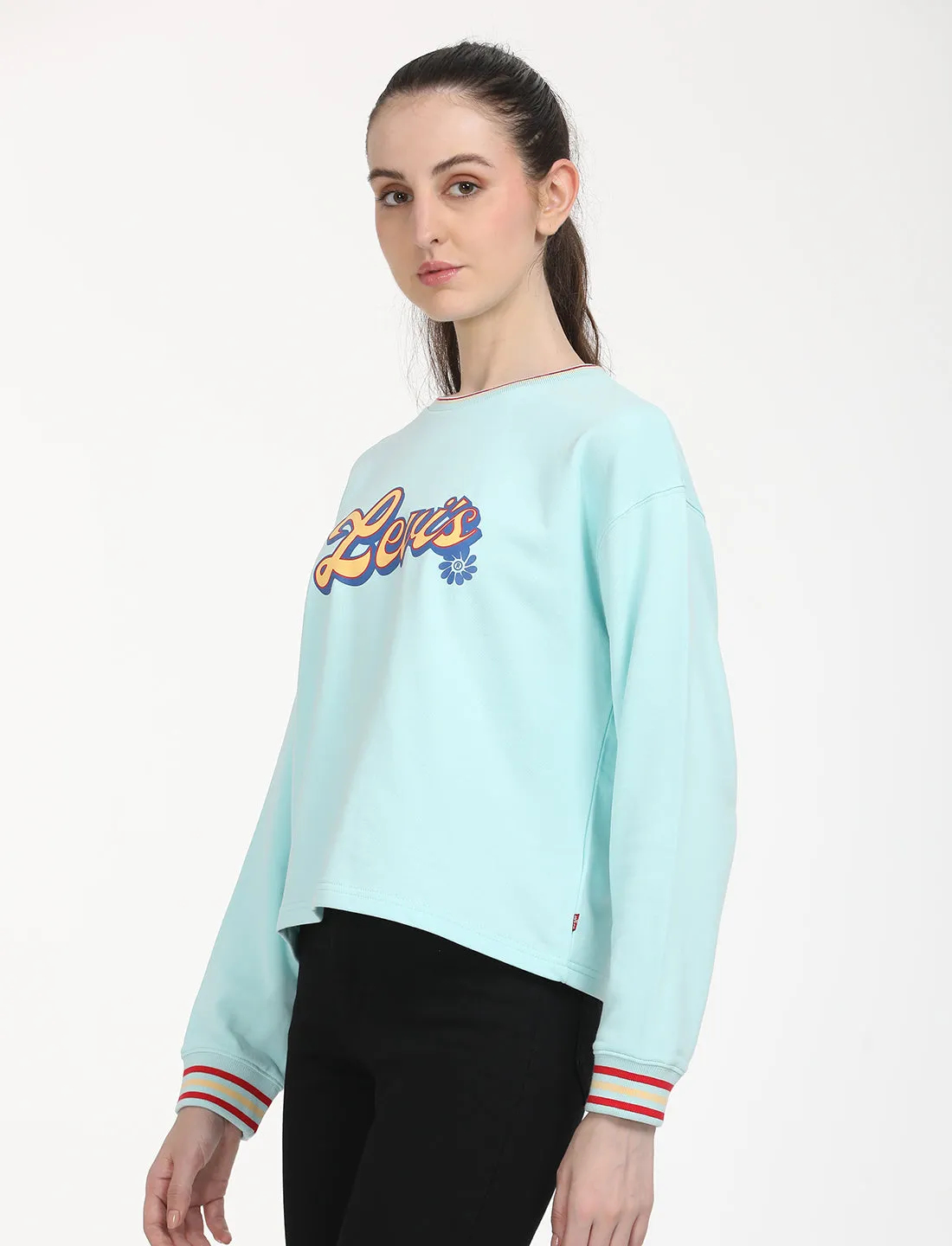 Women's Brand Logo Light Blue Crew Neck Sweatshirt Outdoor Relaxed