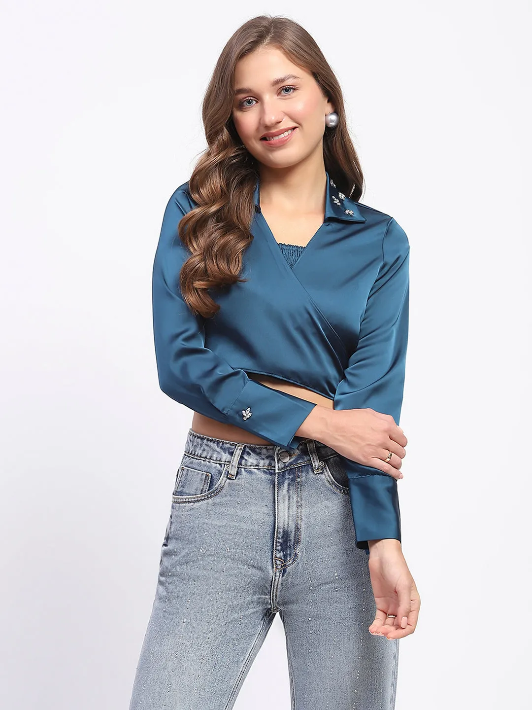 Everyday Essential Short Sleeve Madame Embellished Collar Front Tie Crop Shirt