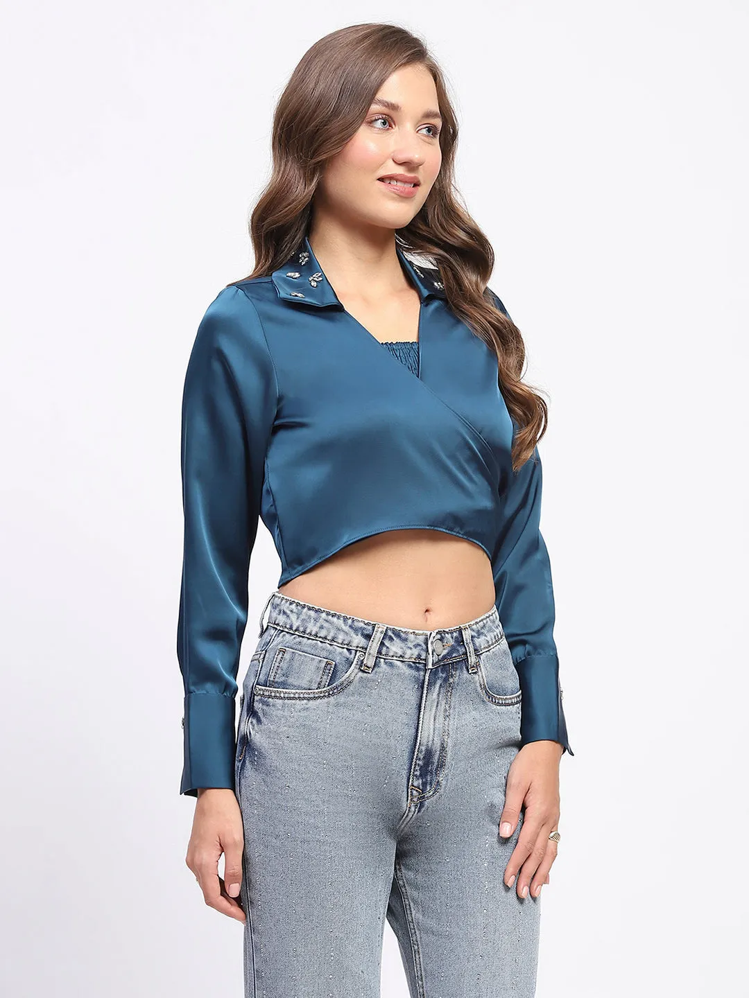 Embellished Neckline Lightweight Layers Madame Embellished Collar Front Tie Crop Shirt