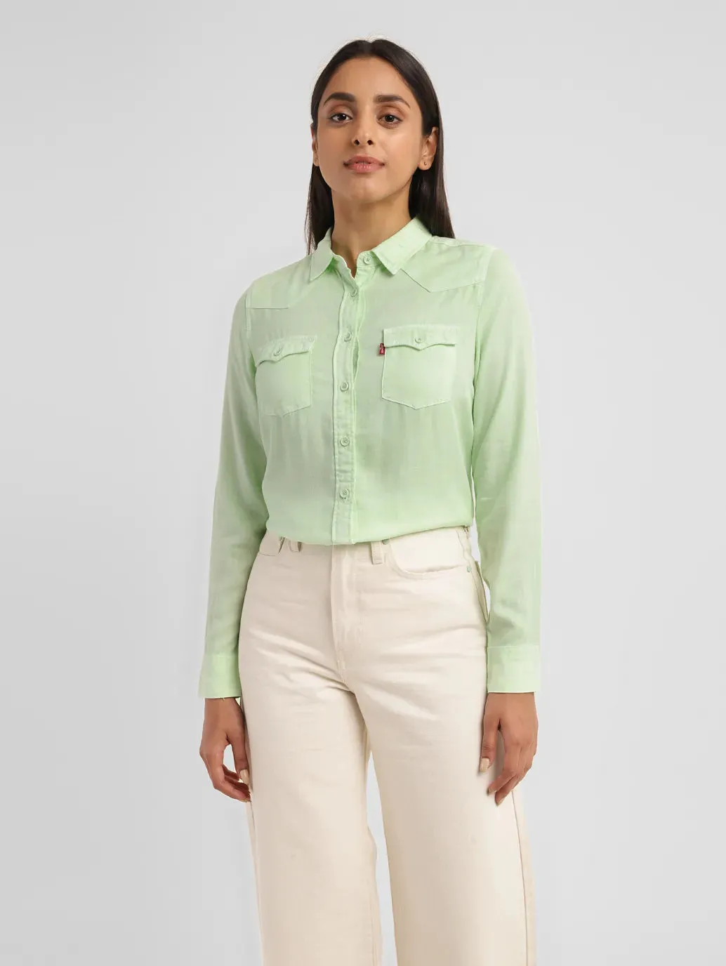 Women's Solid Spread Collar Shirt Shimmer Effect