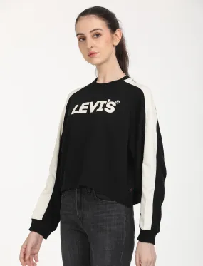 Women's Brand Logo Black Crew Neck Sweatshirt Layered Fashion Urban Bold