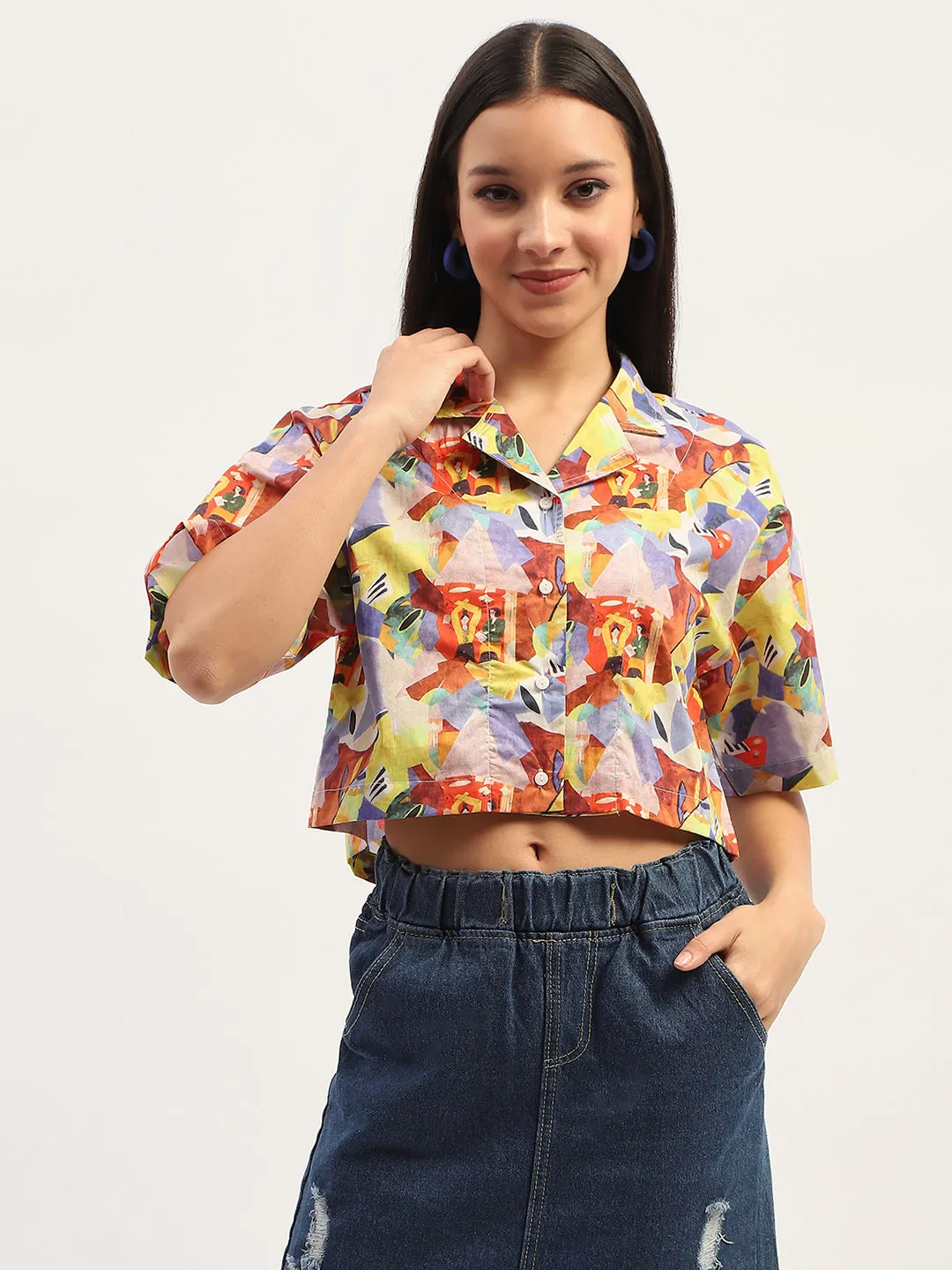 Unmatched comfort Brunch Outfit Madame Graphic Print Cotton Purple Cropped Shirt