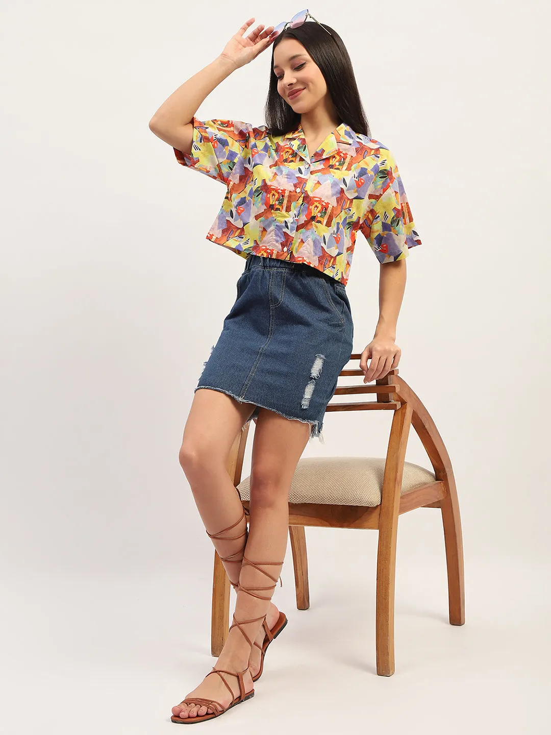 Madame Graphic Print Cotton Purple Cropped Shirt Trendy Vibes