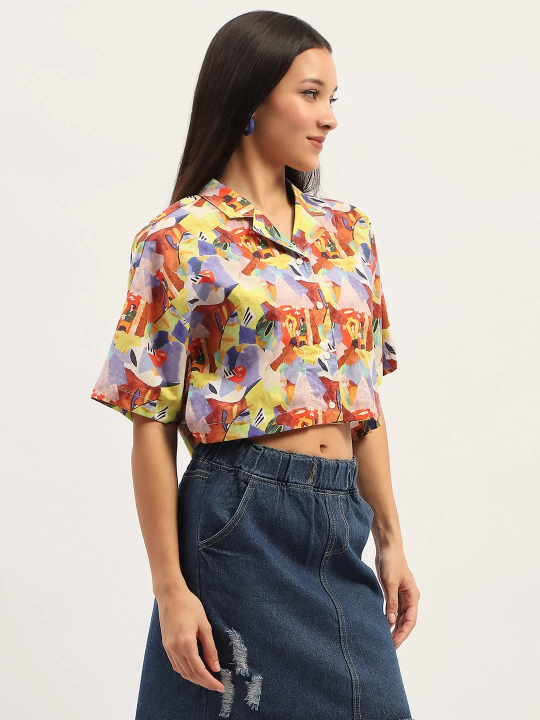 Handcrafted Detail Madame Graphic Print Cotton Purple Cropped Shirt