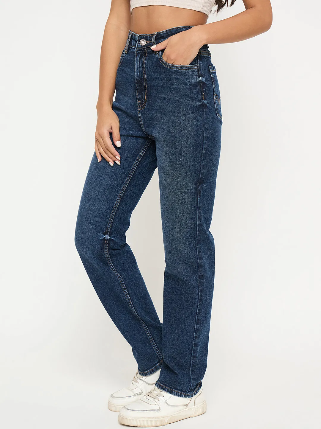 Comfy Wear Madame Whiskered Dark Blue Cotton Blend Straight Jeans