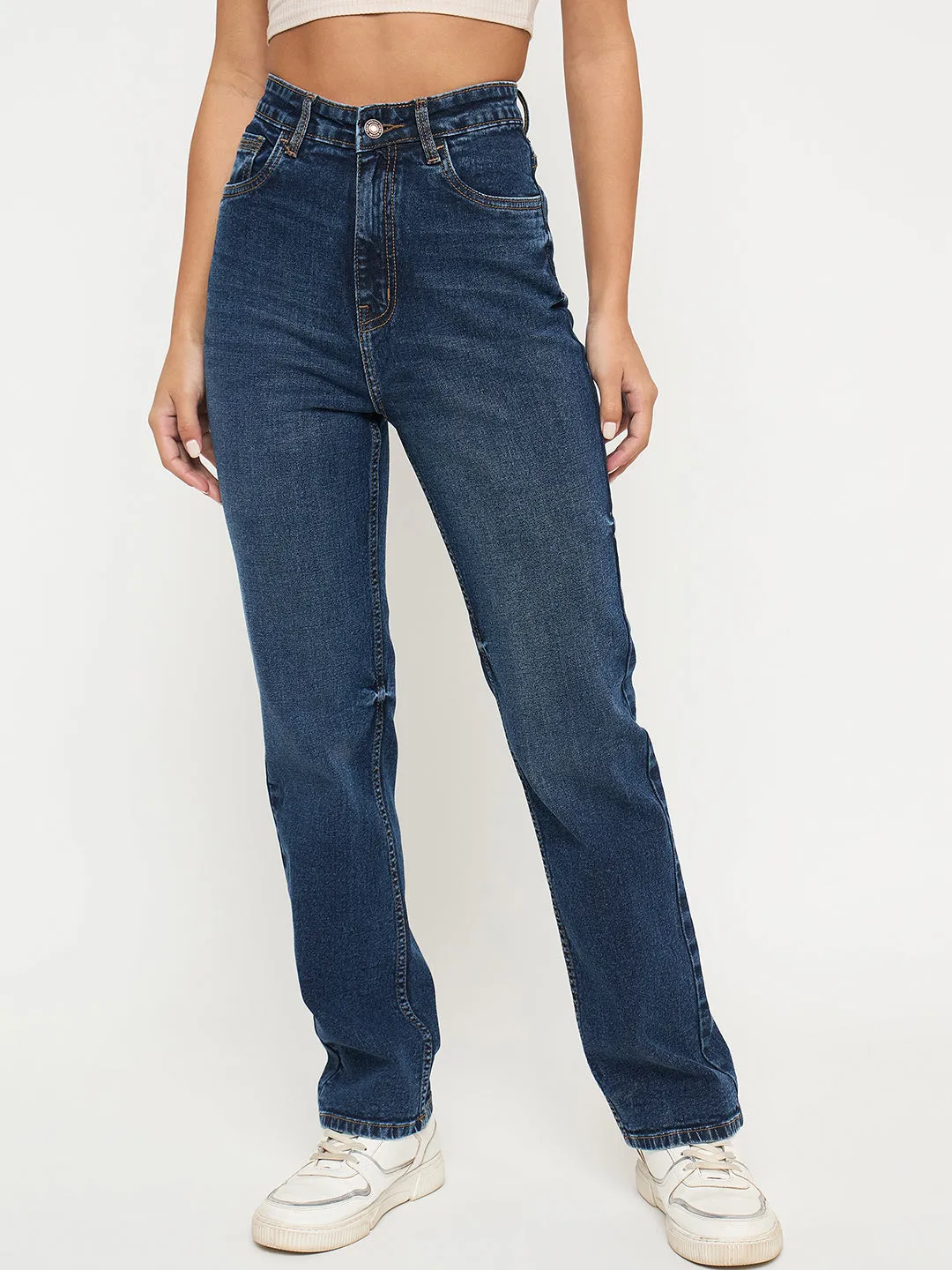 Madame Whiskered Dark Blue Cotton Blend Straight Jeans Date Night Daily Wear