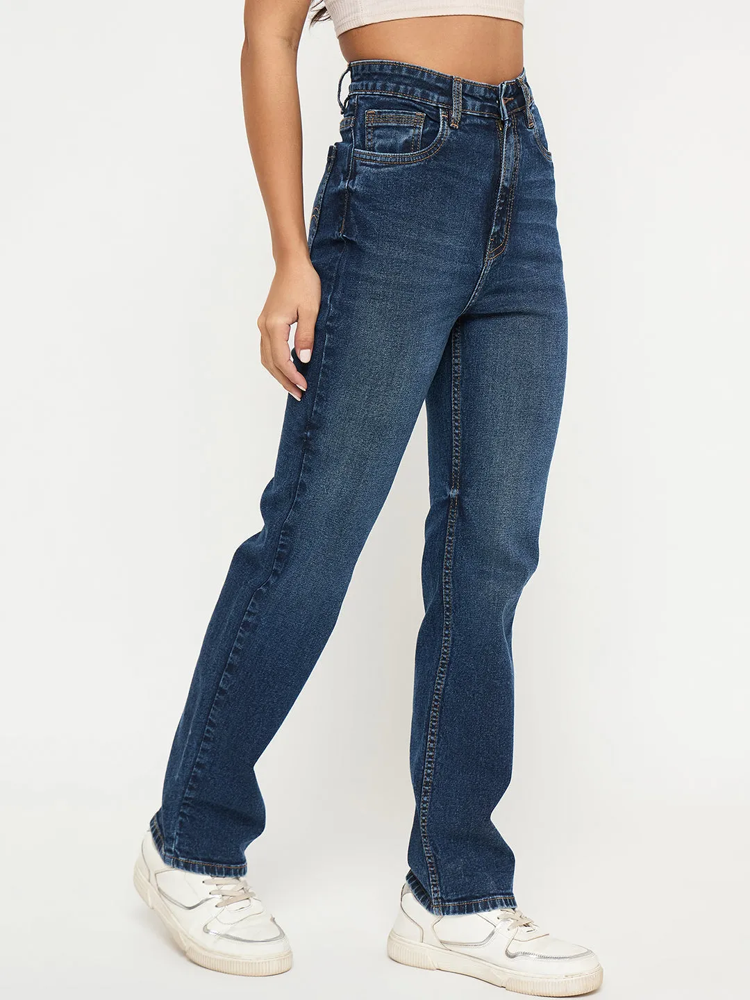 Madame Whiskered Dark Blue Cotton Blend Straight Jeans Style Simplicity