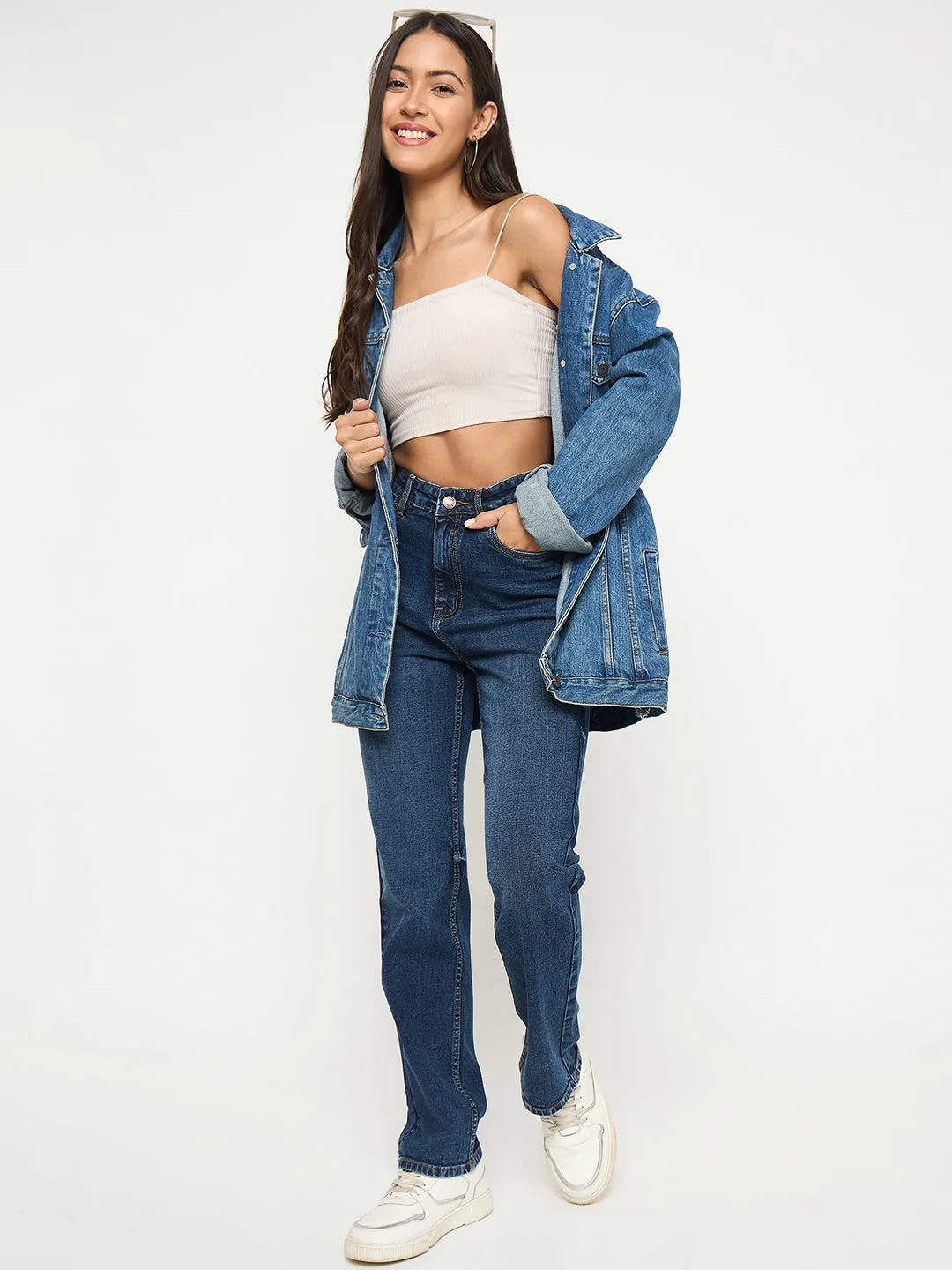 Work Meeting Beach Day Always Fits Well Madame Whiskered Dark Blue Cotton Blend Straight Jeans