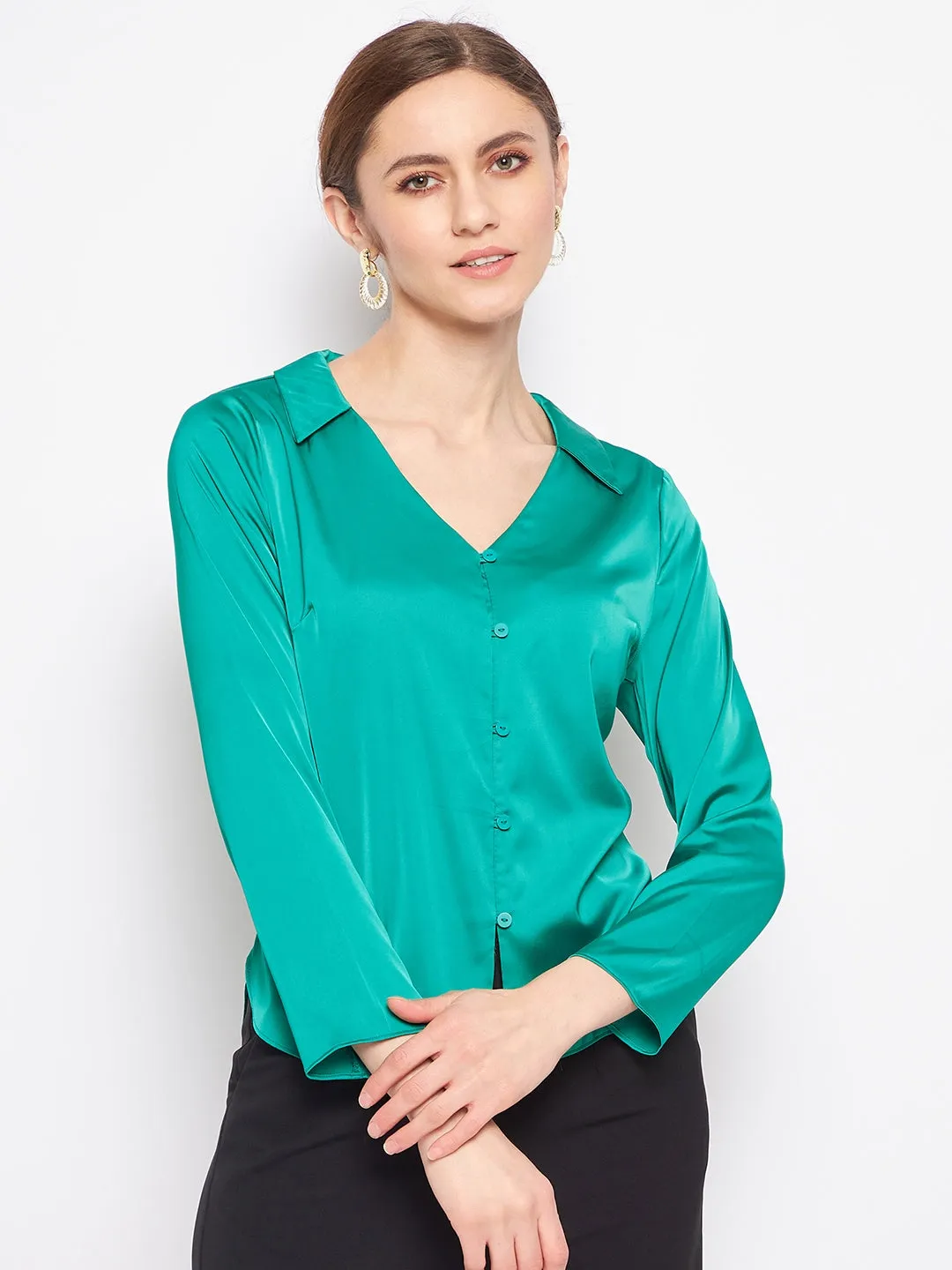 Holiday Style Trendy Fit Madame V-Neck Solid Green Satin Shirt