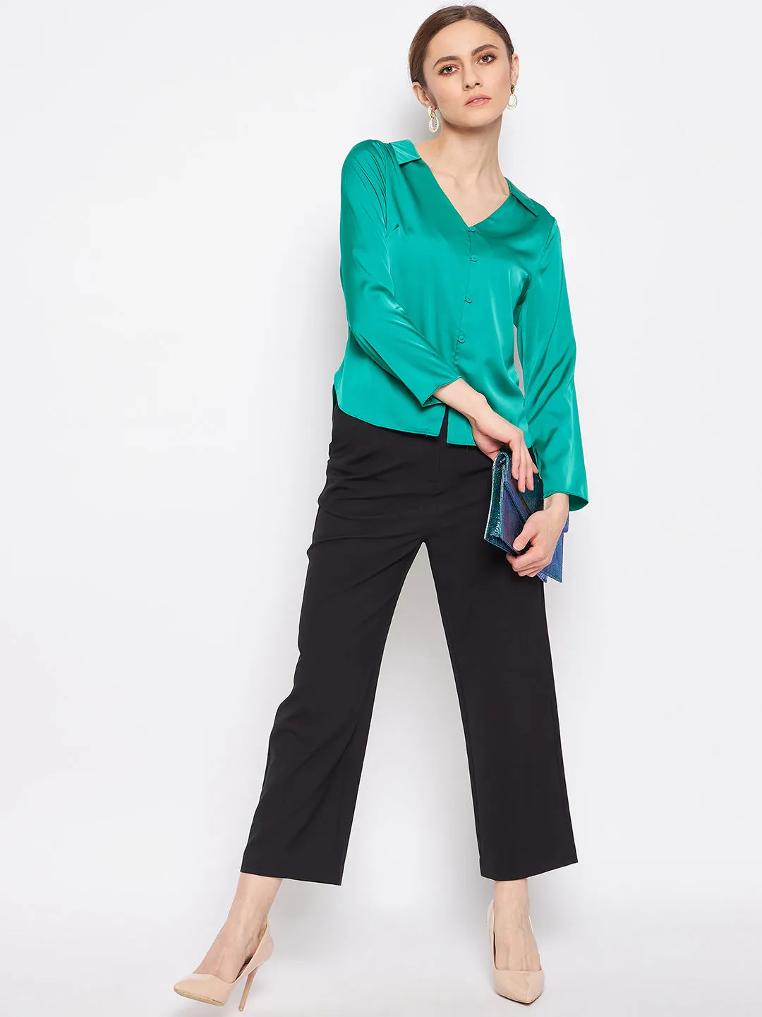 Sporty Appeal Madame V-Neck Solid Green Satin Shirt