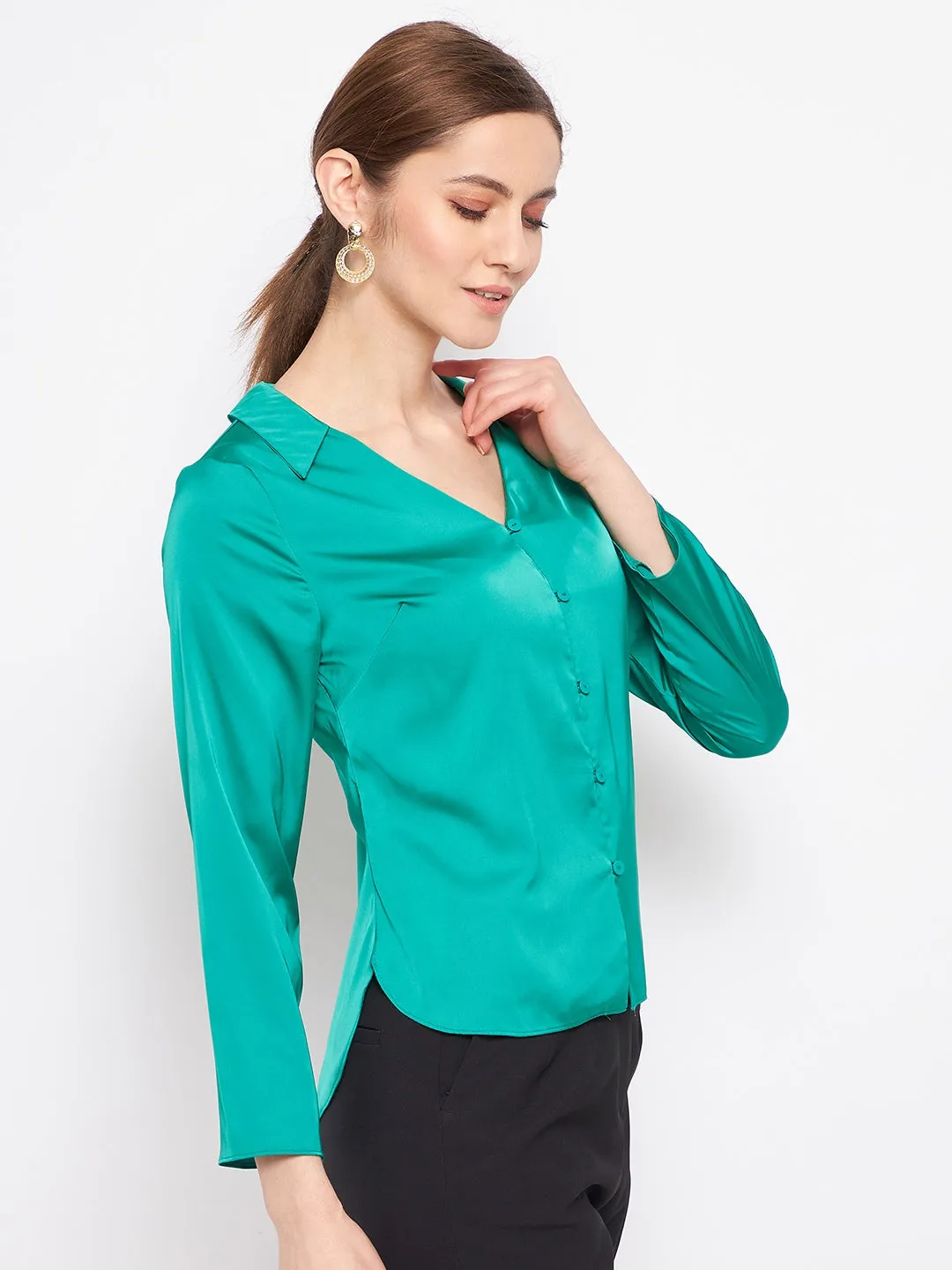 Eco Dye Technique Layered Look Madame V-Neck Solid Green Satin Shirt