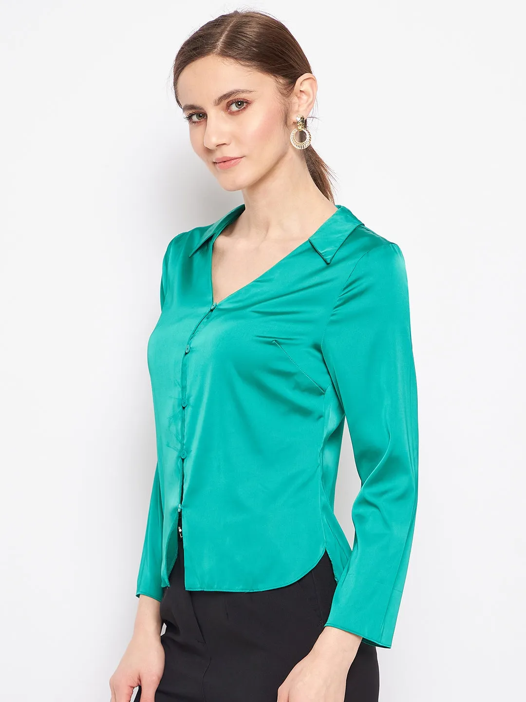 Madame V-Neck Solid Green Satin Shirt Gradient effect comfortable option