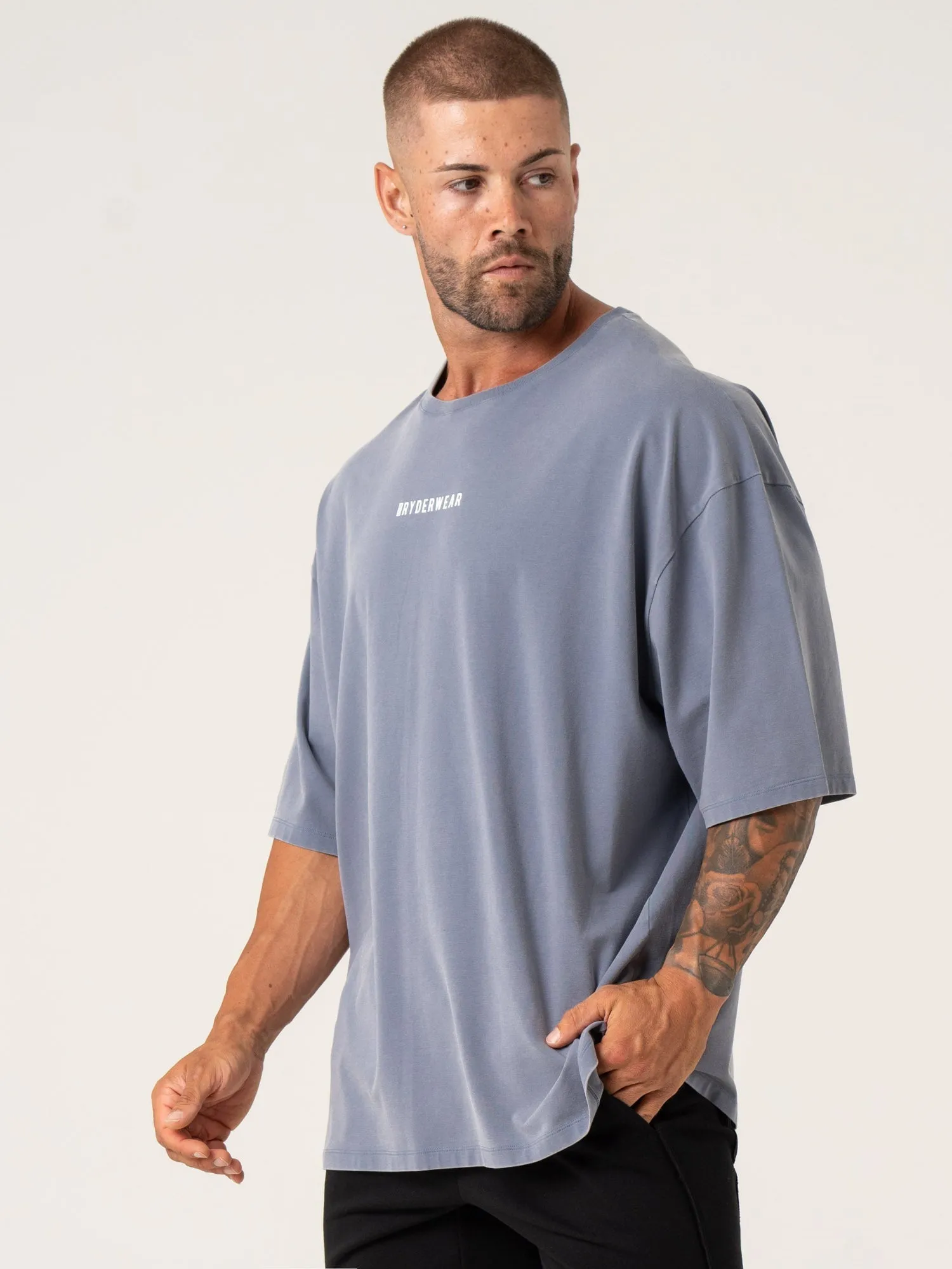 Pursuit Oversized T-Shirt - Denim Blue Stonewash Minimal Style Trend windproof