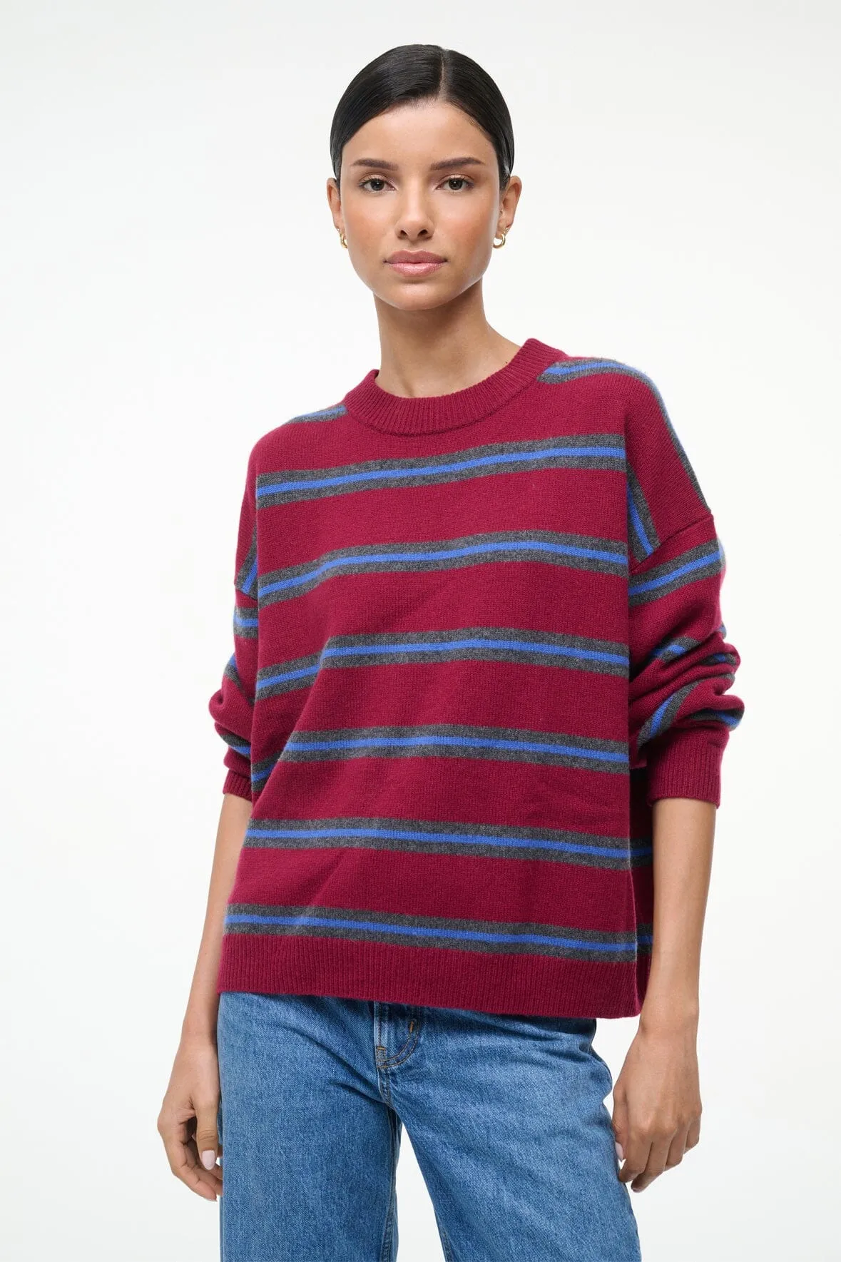 SERRANO CASHMERE RELAXED CREW | CRIMSON STRIPE Chilly Fit Wear Soft and Cozy Knit