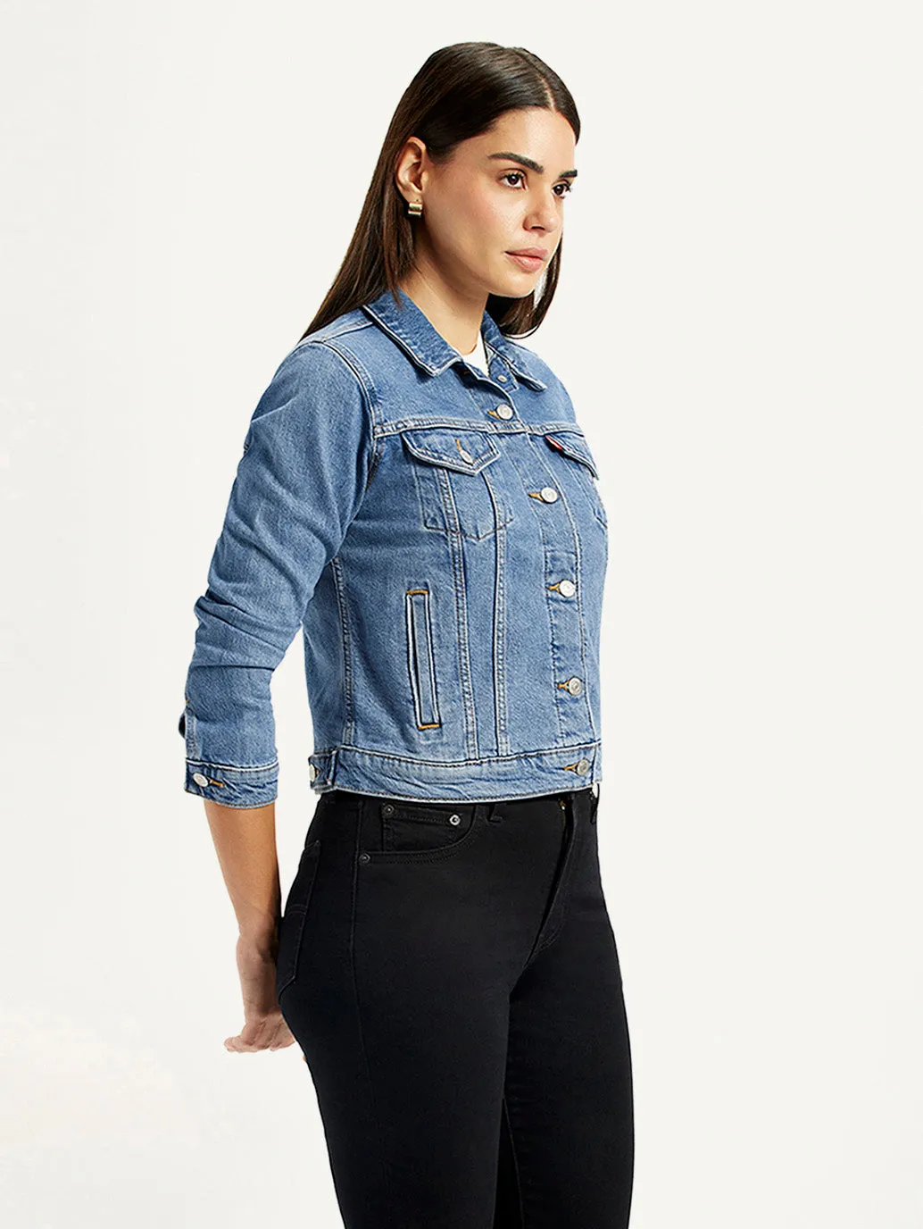 Women's Solid Blue Trucker Jacket Quick Dry Performance Flexible Daily Fit