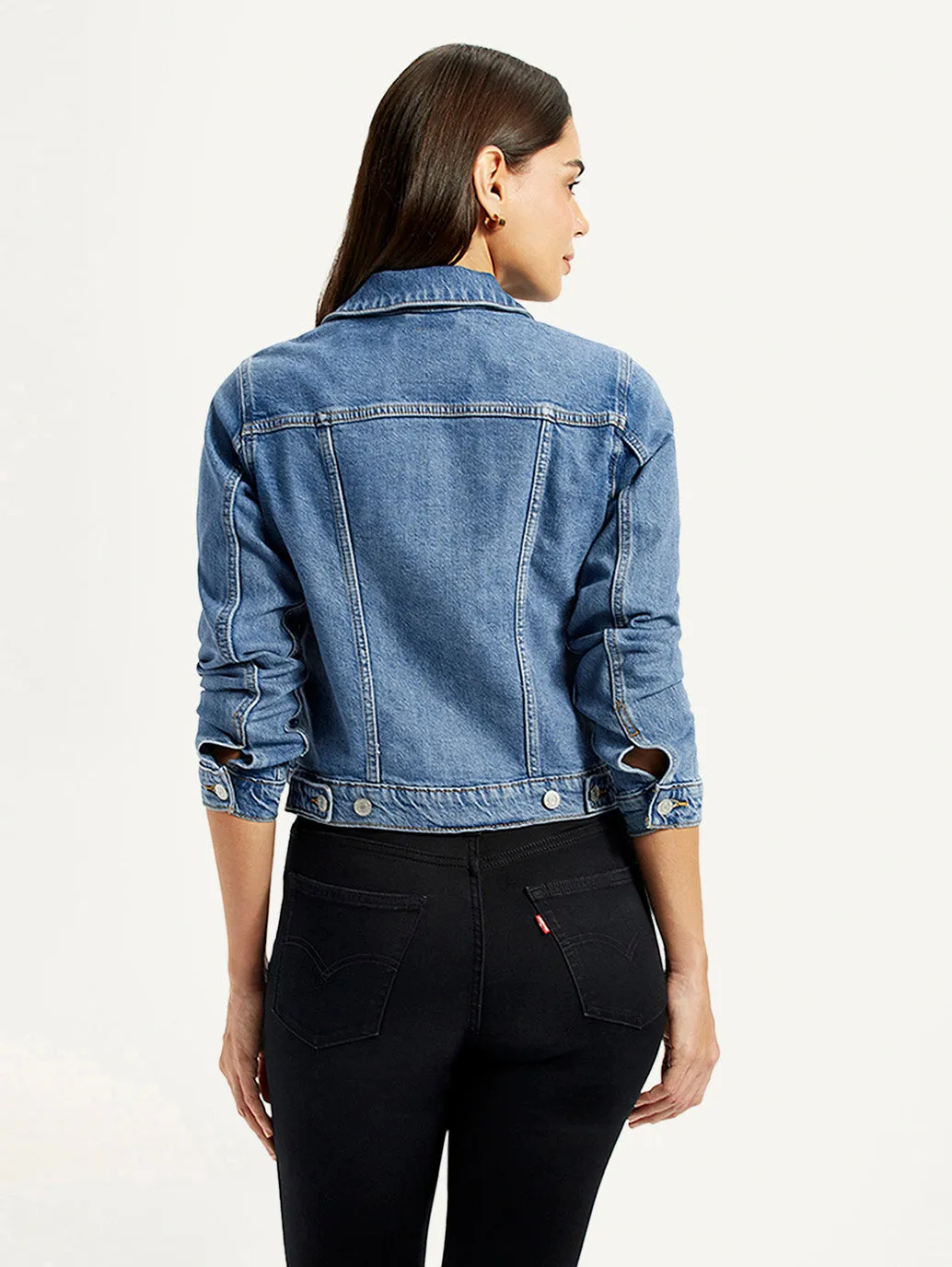 Thermal Insulation Layer Practical Everyday Fit Women's Solid Blue Trucker Jacket