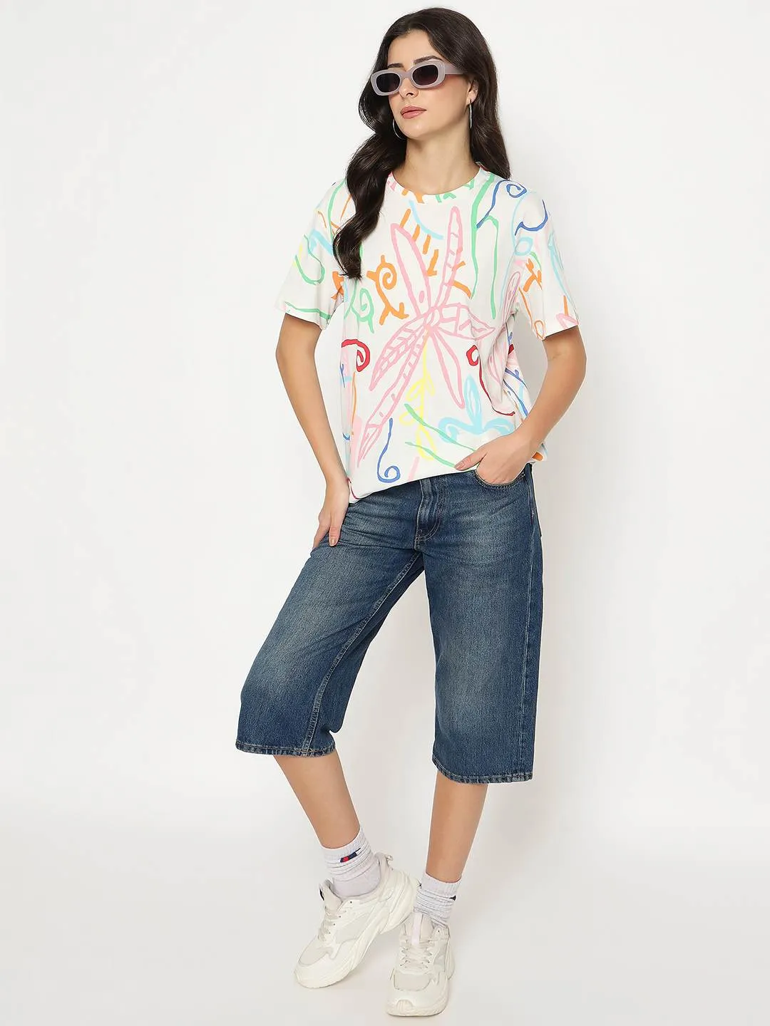 Street Trend Look Madame All Over Print Half Sleeve White Cotton T-shirt