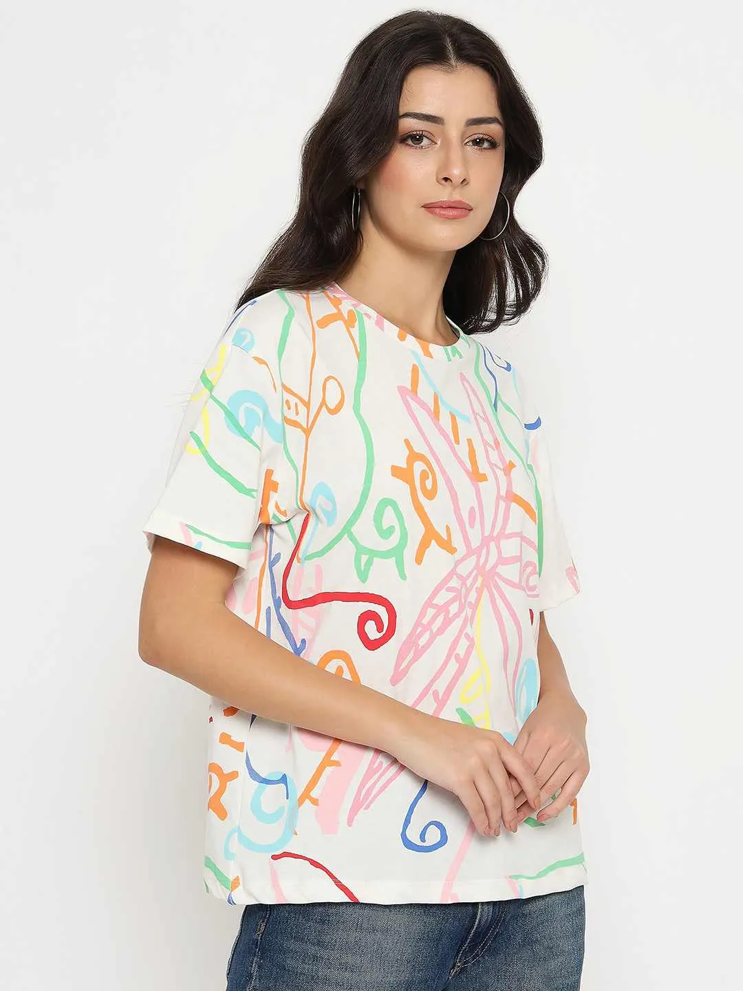 Madame All Over Print Half Sleeve White Cotton T-shirt Soft Layer Timeless Look Wear