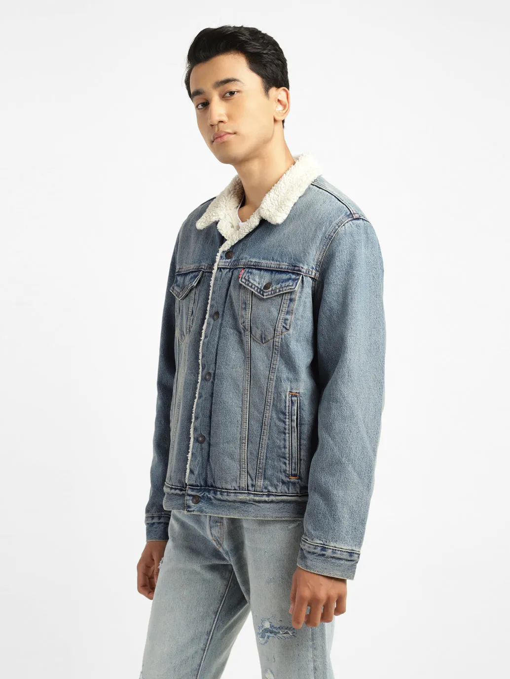 Men's Solid Blue Collar Neck Denim Jacket Fashion Use