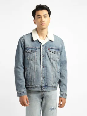 Frictionless Inner Layer Double Stitch Seams Men's Solid Blue Collar Neck Denim Jacket
