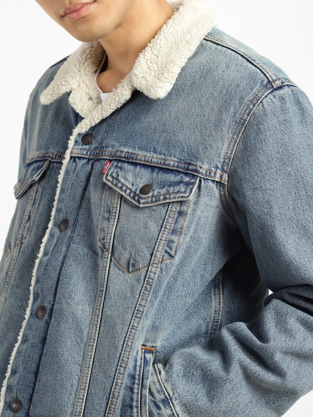 Eco Certified Textile HeatReflectiveLining Men's Solid Blue Collar Neck Denim Jacket