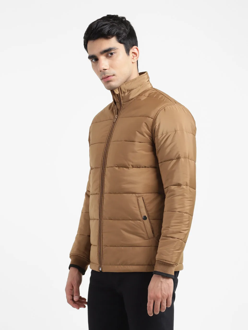 Men's Solid High Neck Quilted Jacket fall season Reinforced Elbow Padding