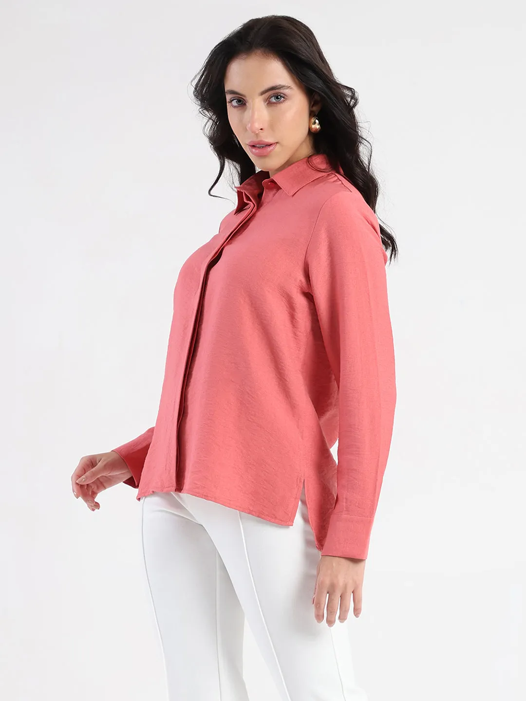 Madame Coral Rayon Blend Shirt Youthful Appeal high-low hem