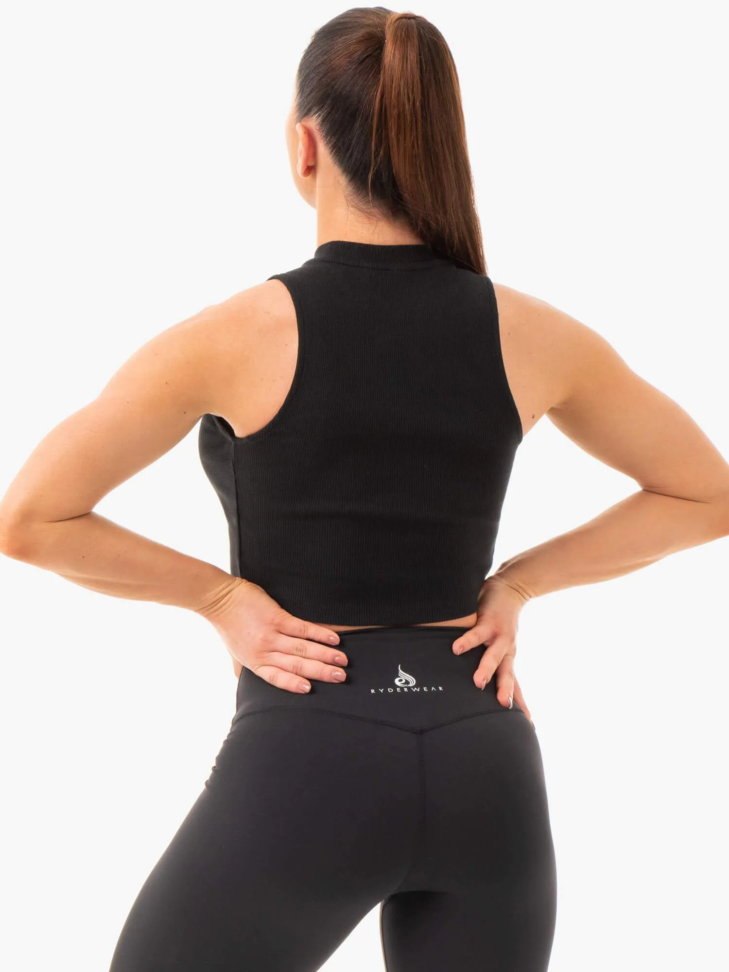 Anti Slip Shoulder Padding Ribbed Crop Tank - Black