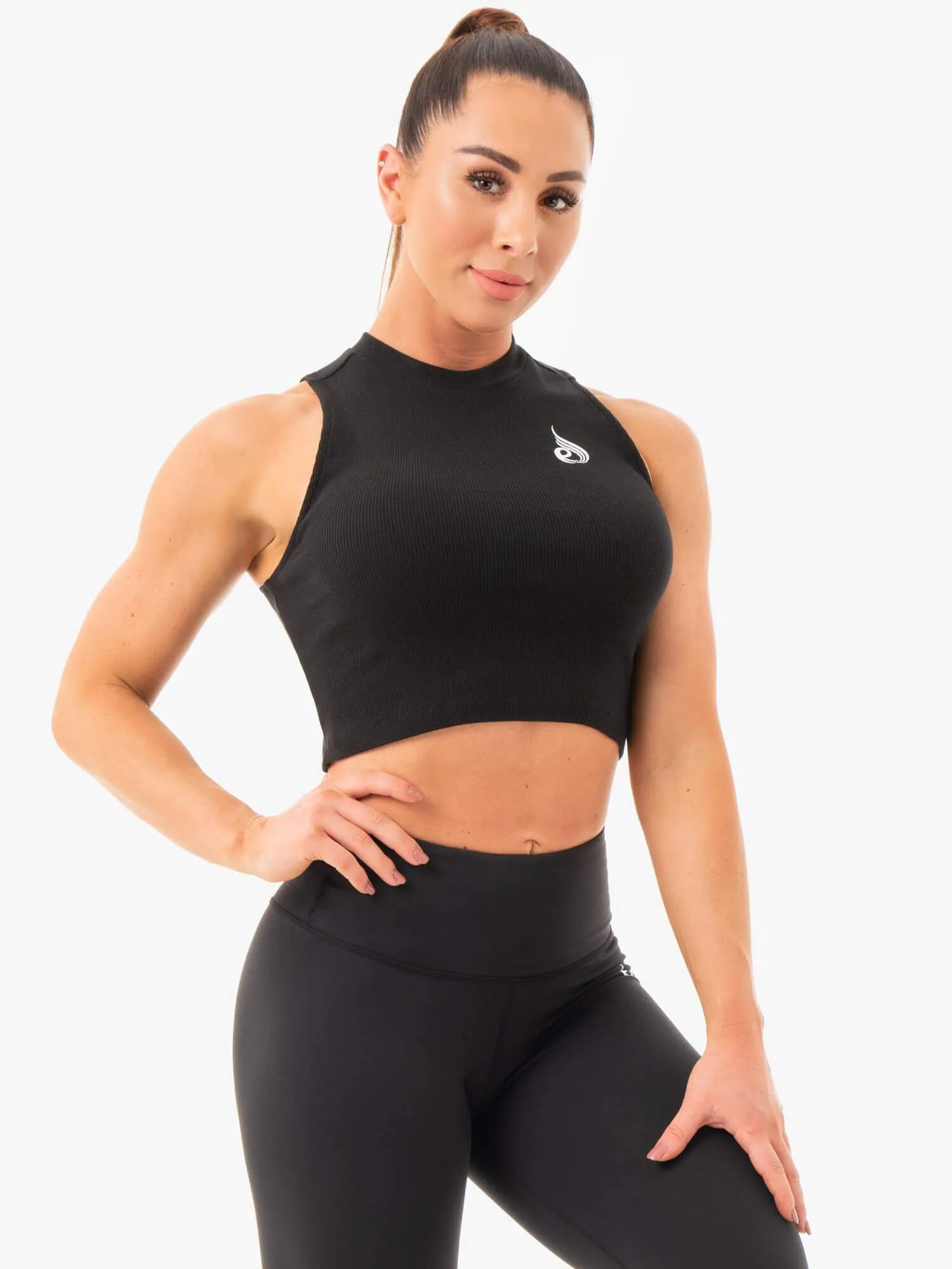 Ribbed Crop Tank - Black Compression Fit Technology