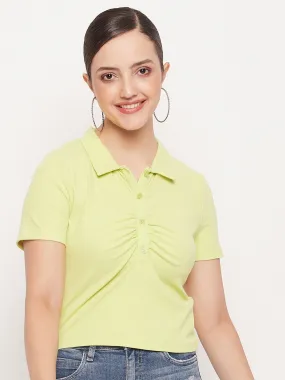 Non Irritating Collar HeatResistantMaterial Madame Solid Green Cotton Collared Tshirt