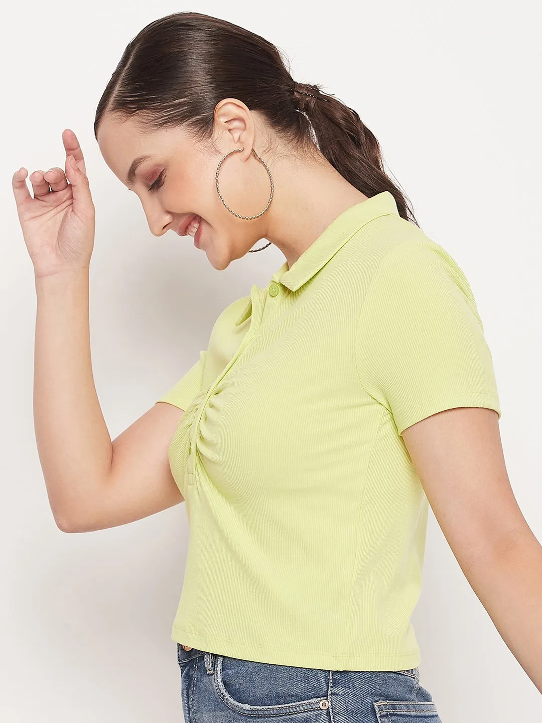 Fit For Comfort All-day style Madame Solid Green Cotton Collared Tshirt