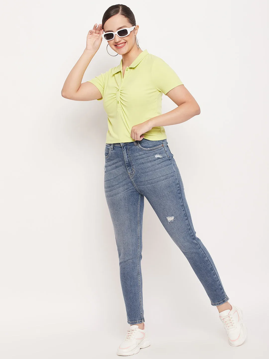 Madame Solid Green Cotton Collared Tshirt Edgy