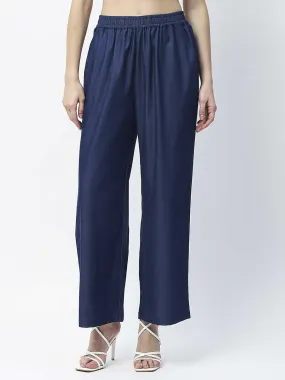 Madame Wide Leg Navy Blue Cotton Blend Trousers MoistureWickingLining