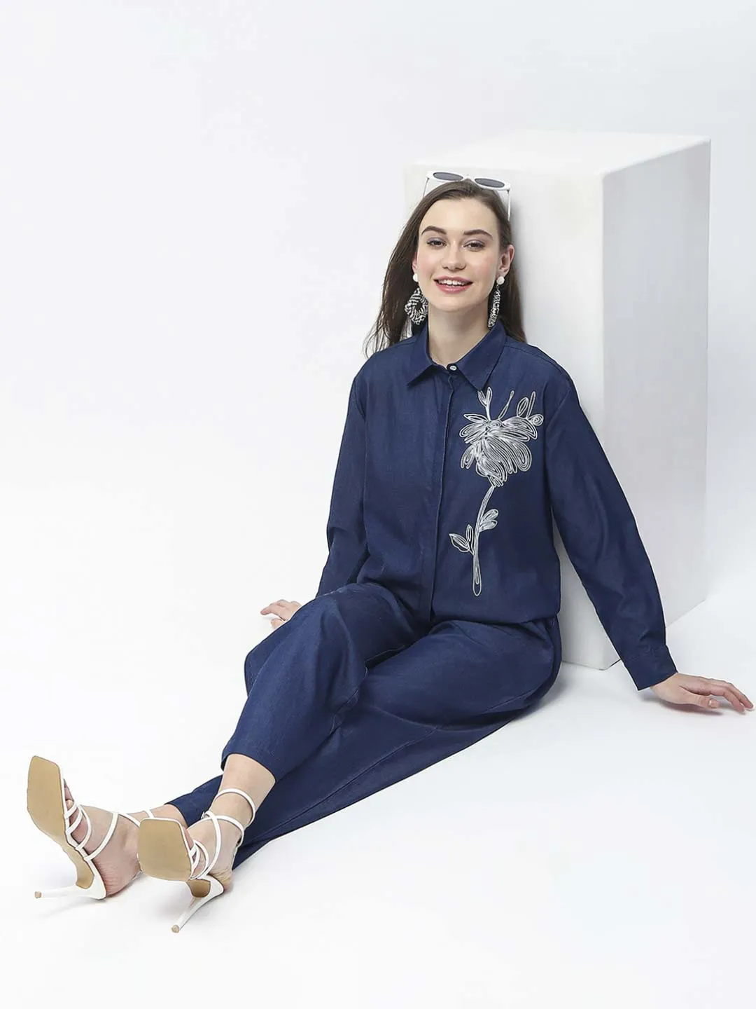 Madame Wide Leg Navy Blue Cotton Blend Trousers Mesh Panel Multi-Purpose Wear