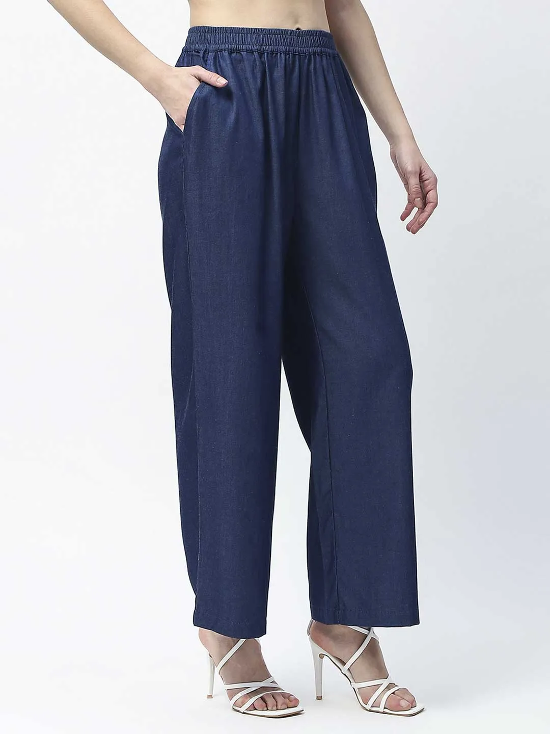 Perfect Silhouette Madame Wide Leg Navy Blue Cotton Blend Trousers