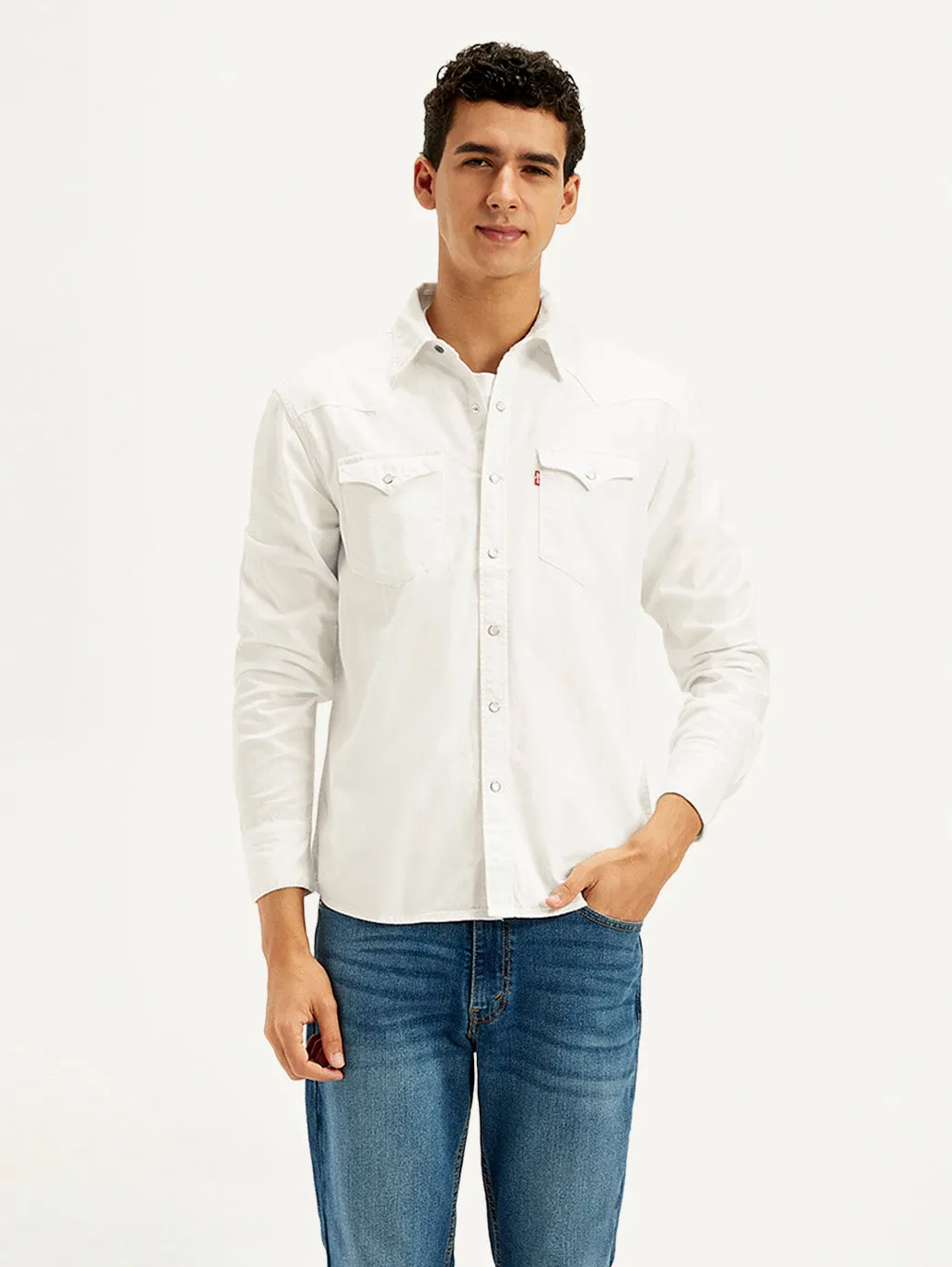 Men's Solid White Spread Collar Denim Shirt Eco Friendly Production