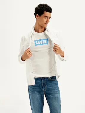 Men's Solid White Spread Collar Denim Shirt Relaxed Fit Functional Comfort