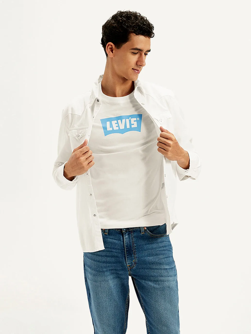 Men's Solid White Spread Collar Denim Shirt Relaxed Fit Functional Comfort