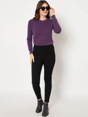 Work Meeting Beach Day Madame Cotton Blend Double High Rise Solid Button Black Denim Jeans