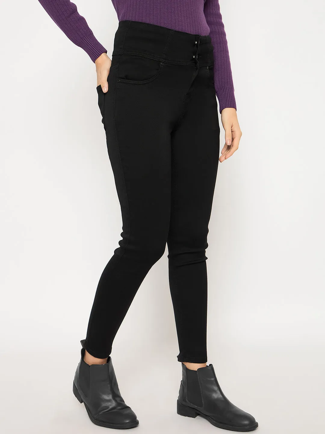 Madame Cotton Blend Double High Rise Solid Button Black Denim Jeans Softened Texture