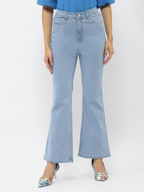 Madame Solid Light Blue Flared Denim Jeans Perfect Waist Relaxed Style Bold