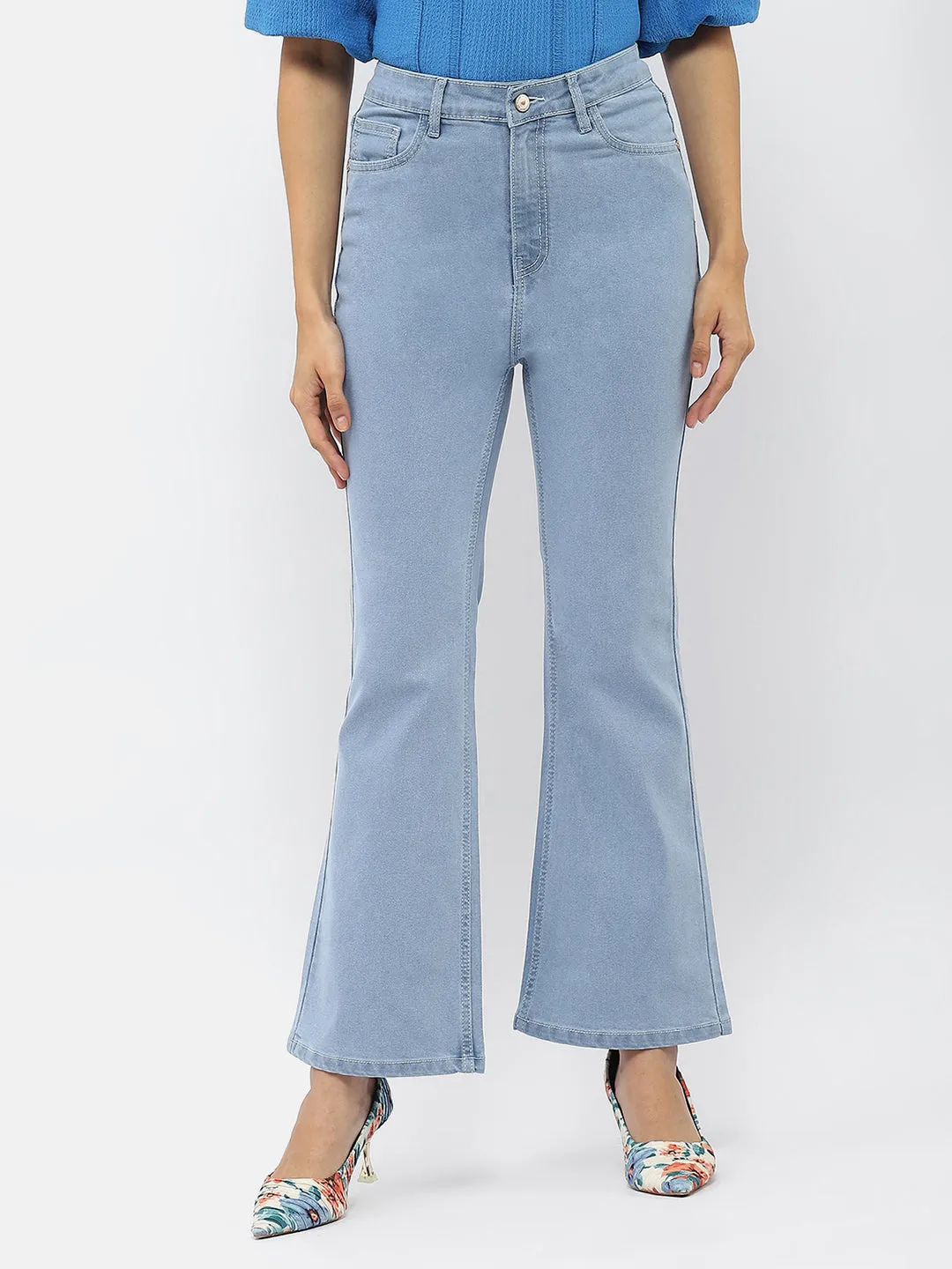 Madame Solid Light Blue Flared Denim Jeans Perfect Waist Relaxed Style Bold