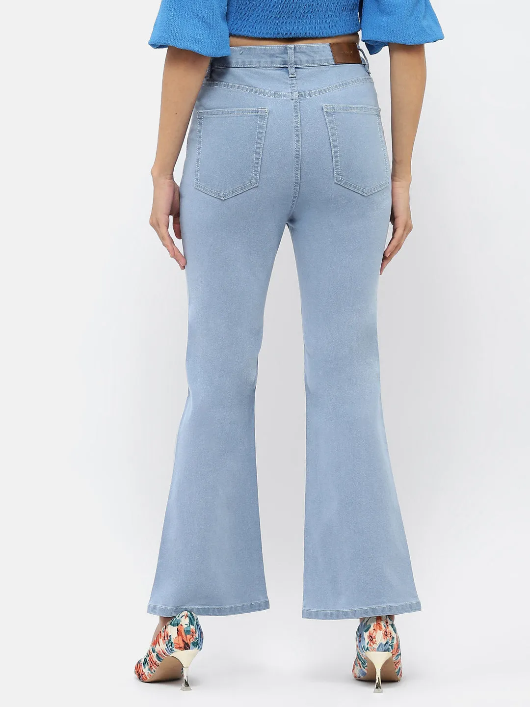 Madame Solid Light Blue Flared Denim Jeans Daily Clothing Casual Classic