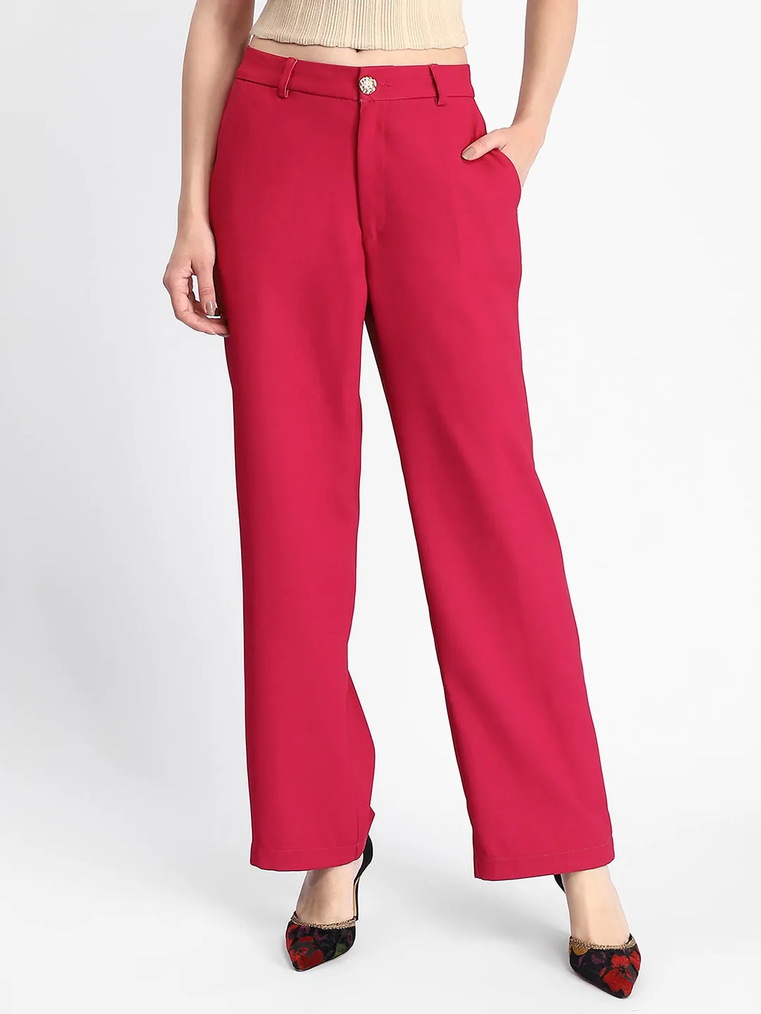 Flexible Movement No Gap Waistband Madame Straight Fit Flared Hot Pink Trousers