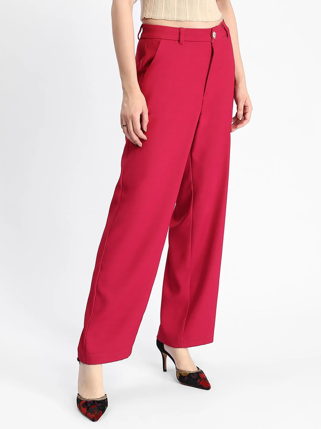ElasticWaistband Breathable Mesh Panels Madame Straight Fit Flared Hot Pink Trousers